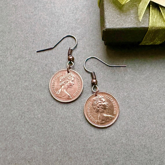 50th birthday gift, 1974 British coin earrings, handmade using English half pennies, also great for a 50th anniversary gift