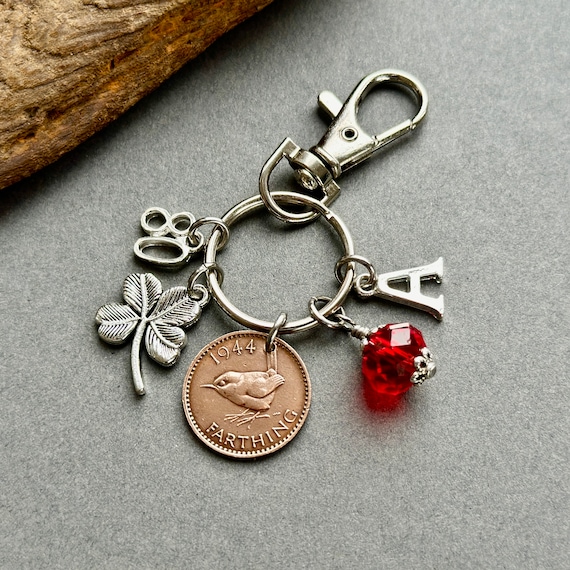 80th birthday gift for someone born in 1944, a 1944 Farthing charm, birthstone charm or bag clip, choose initial and birthstone colour