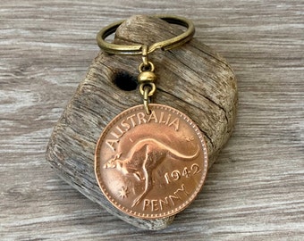 1941 or 1942 Australian penny keyring, Australia keychain, kangaroo, aussie, 82nd or 83rd birthday gift