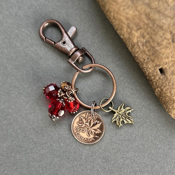 Canada penny charm clip, maple leaf key chain, Canadian coin bag clip, choose coin year for a perfect birthday or anniversary gift