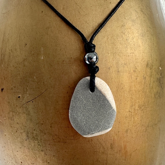 beach pebble pendant, raw stone and hematite necklace, natural smooth grey and white rock, adjustable necklace