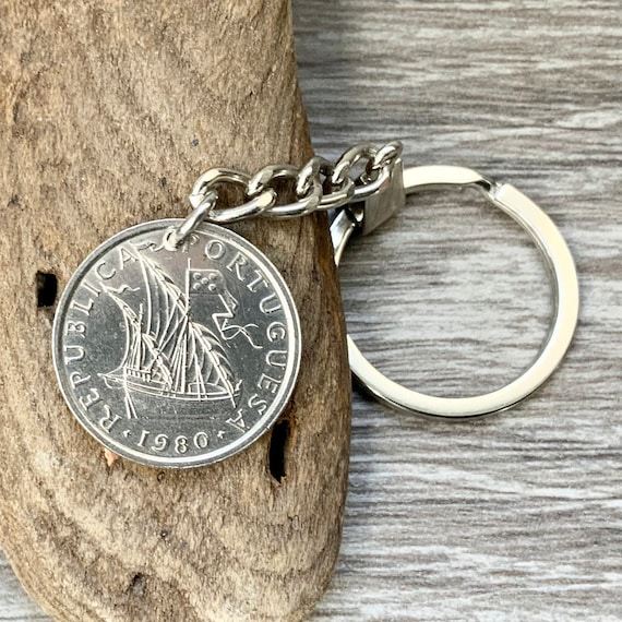 Portuguese ship coin keyring, key chain or clip, choose coin year Portugal 5 Escudo key fob, for a perfect birthday or anniversary gift