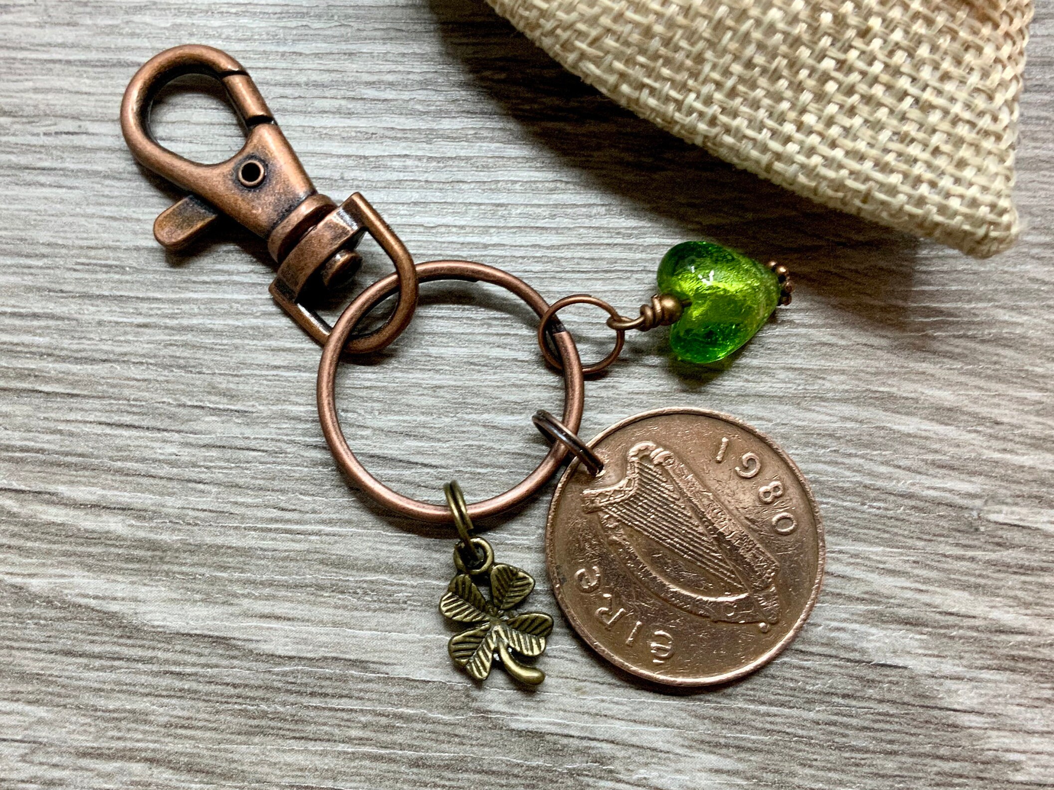 1980 Irish coin bag charm, Celtic good luck, Ireland lucky purse charm
