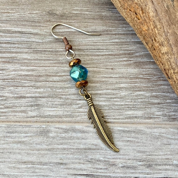 Feather earring, long dangle feather earring, available as a single earring or a pair of earrings, bohemian style jewellery for men or women