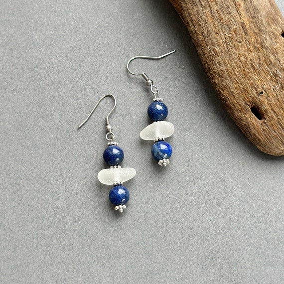 Sea glass and lapis lazuli dangle earrings, hippie boho beach glass jewellery, romantic gift