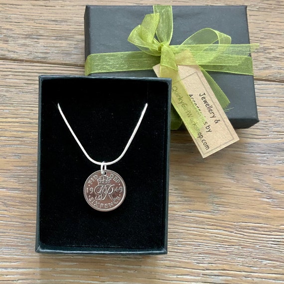 75th birthday gift , 1949 Lucky sixpence necklace on a silver plated chain, in a luxury gift box