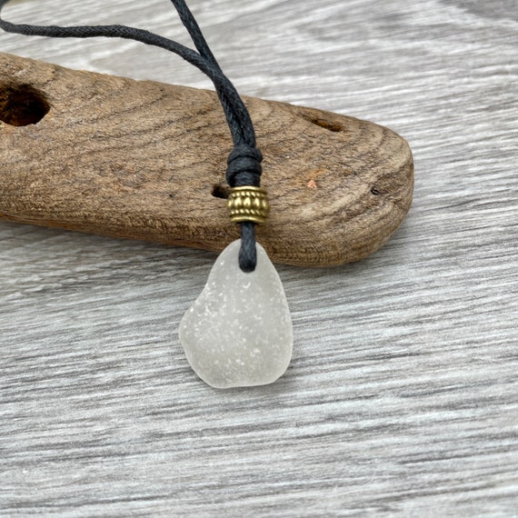 Simple sea glass necklace, adjustable black waxed cotton cord, genuine beach glass pendant, boho jewellery for men or women