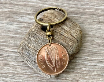 1980 or 1982 Irish coin key chain, Ireland keyring or clip, a perfect 42nd or 44th  birthday gift or anniversary present