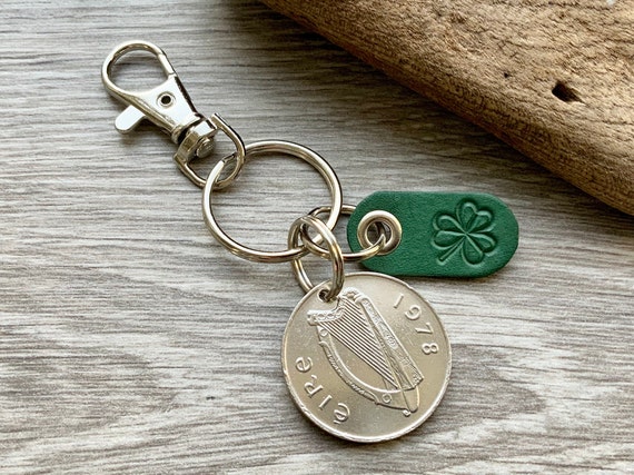 Irish ten pence coin and shamrock keychain, keyring or clip, Choose Ireland coin year for a perfect birthday or Anniversary gift