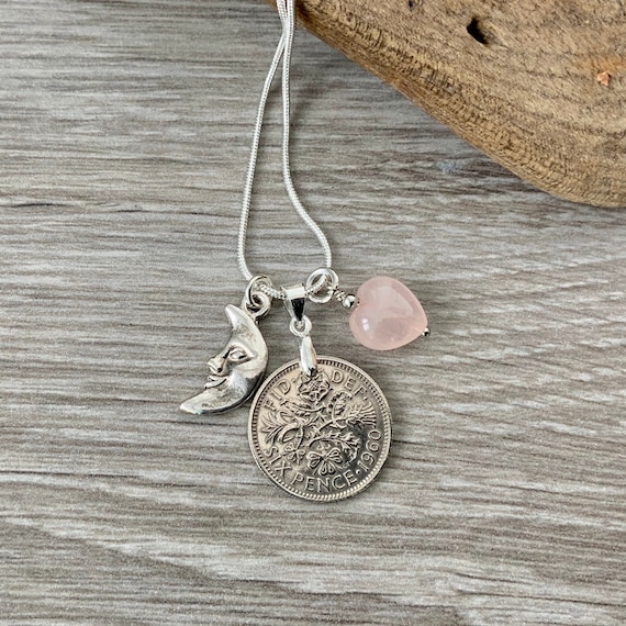 Lucky sixpence and rose quartz necklace, choose coin year for birthday gift or anniversary present
