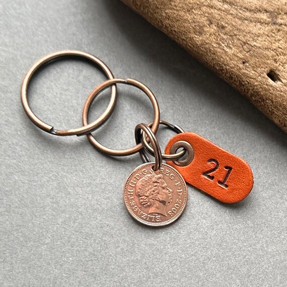 21st birthday gift, 2003 lucky penny 1p coin keychain, keyring or clip with a leather number 21 tag