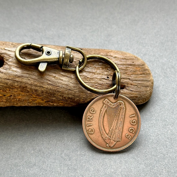 1965 Old Irish penny Key ring clip, St Patrick's day, 59th birthday or anniversary gift, lucky bag or purse charm