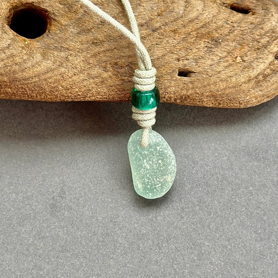 Sea glass necklace, beach glass pendant with a green glass bead on a Pale green knotted adjustable cotton cord, recycled jewellery