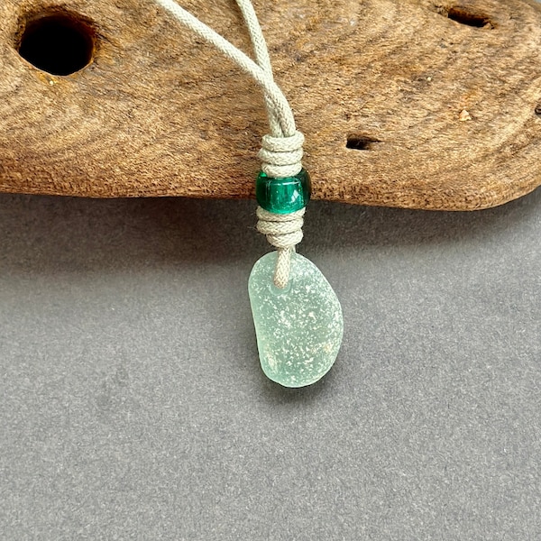 Frosted Sea Glass Necklace: Green Bead, Adjustable Cotton Cord