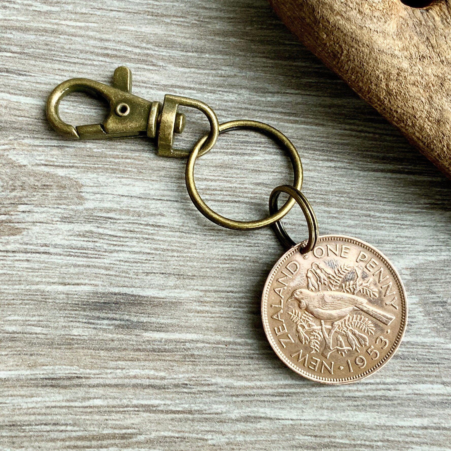 New Zealand 1953 penny handmade into a keychain or clip For a perfect