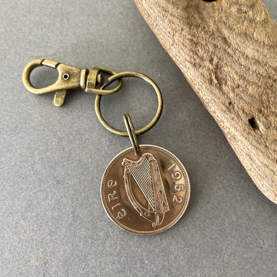 1952 Old Irish penny keyring, keychain or clip style, 72nd birthday gift St Patrick's day present