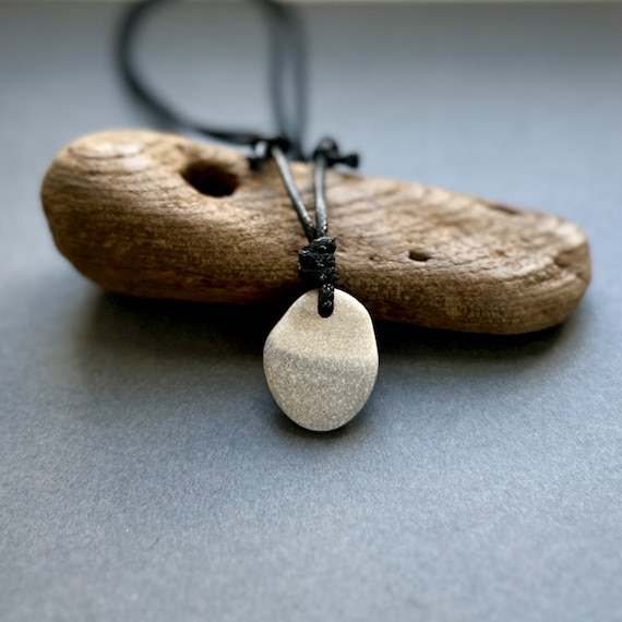 Raw stone pendant, sandy grey / cream coloured beach pebble unisex necklace, natural striped smooth beach stone