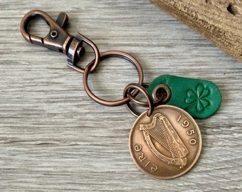 1950 Irish penny With a green leather shamrock tag keychain, keyring or clip, Ireland gift for a man or woman