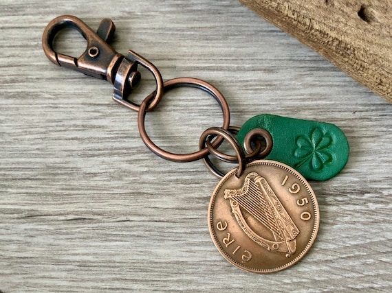 1950 Irish penny With a green leather shamrock tag keychain, keyring or clip, Ireland gift for a man or woman