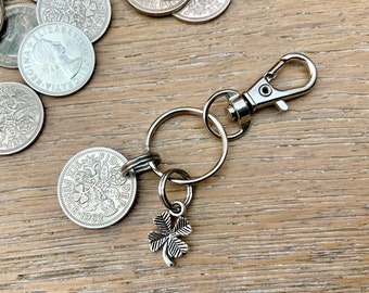 Lucky British sixpence keyring or clip, choose coin year for a perfect birthday, anniversary, retirement or good luck gift