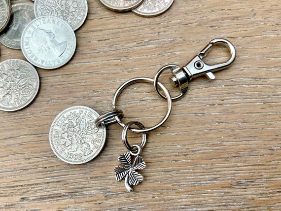 Lucky British sixpence keyring or clip, choose coin year for a perfect birthday, anniversary, retirement or good luck gift