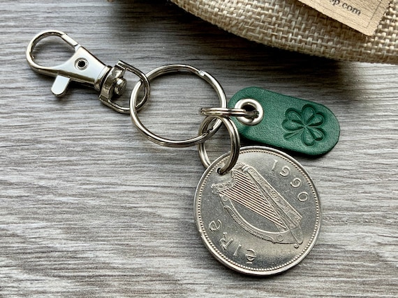 1990 Irish punt and shamrock keychain, Key ring or clip, shamrock leather tag Unusual 34th Birthday or anniversary gift for a man or woman