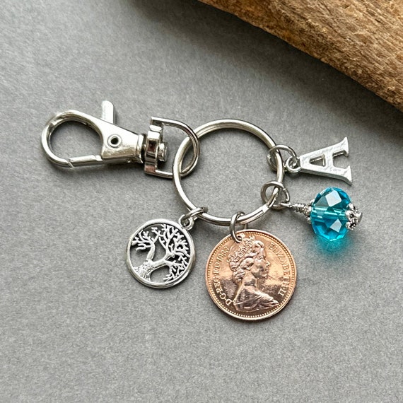 1983 British lucky penny, 41st personalised birthday gift, 1983 UK coin bag clip charm, with a choice of initial and colour birthstone