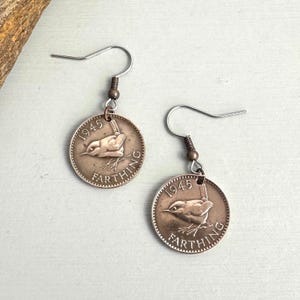 80th birthday gift, 1945 wren farthing earrings, British pretty bird coin earrings with stainless steel ear wires