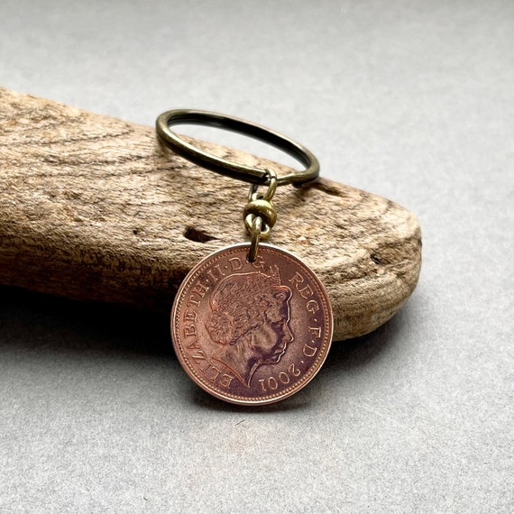 2001 British two pence coin key ring or clip, a perfect 23rd birthday or anniversary gift