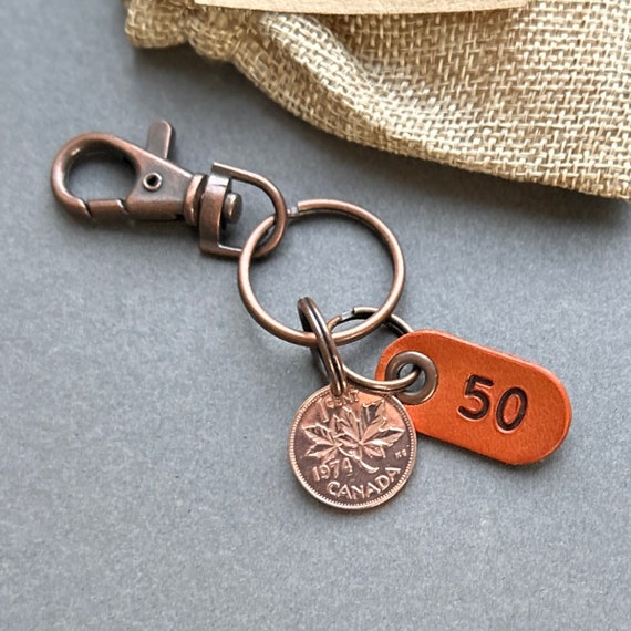 50th birthday gift, a 1974 Canadian penny clip, Canada lucky coin keyring, 50th anniversary present for a man or woman
