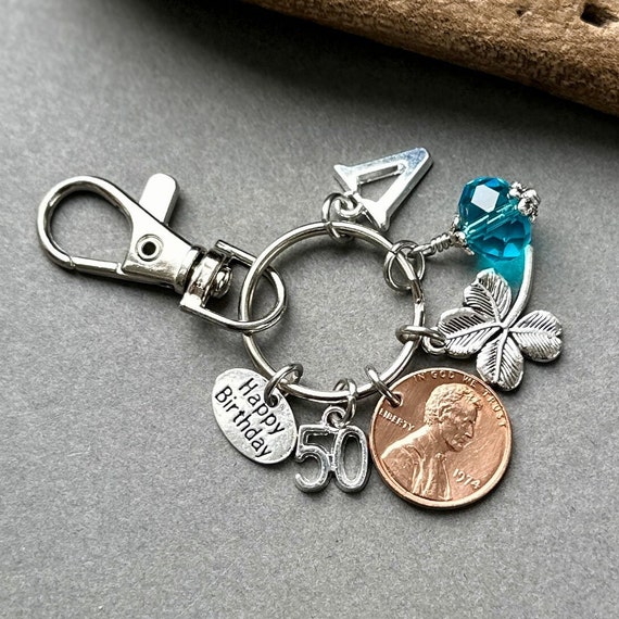 50th birthday gift, 1974 USA one cent coin bag clip charm, choice of initial and birthstone colour charm, 50th anniversary gift woman