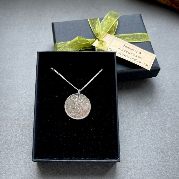 1948 British lucky sixpence necklace on a sterling silver chain, presented in a luxury gift box a perfect 76th birthday gift