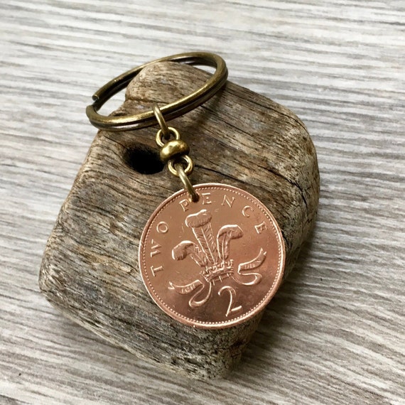 1987, 1988 or 1989, British coin keychain or clip, English two pence keyring, choose year, birthday or anniversary gift for a man or woman