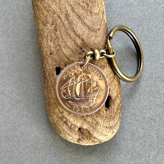 1960 British half penny coin Key ring key chain , English UK bronze sailing ship coin