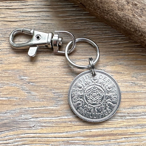 70th birthday or anniversary gift, a 1954 British Florin handmade into a clip style key ring, English Two shilling coin