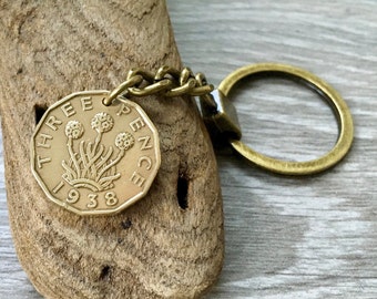 Unusual vintage British coin key ring, (choose coin year) UK three penny key chain, threepence clip