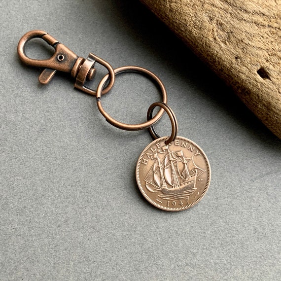 1947 British half penny coin key ring bag clip a perfect 77th birthday gift, handmade using a genuine halfpenny coin from the U.K.