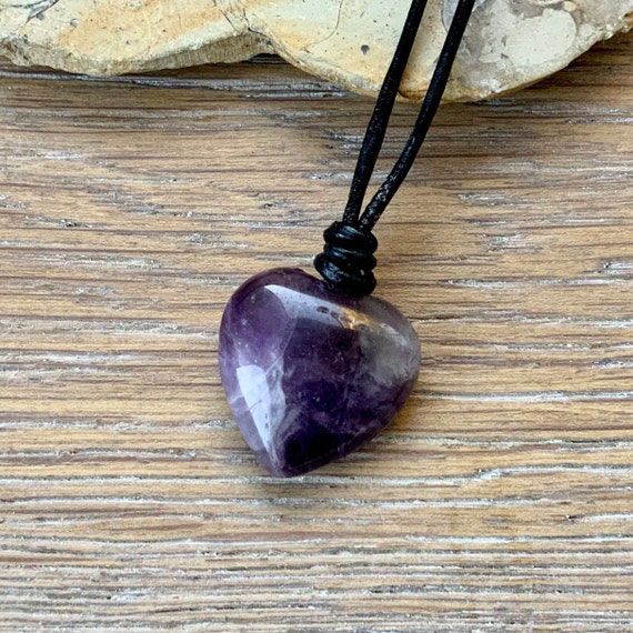 Amethyst heart adjustable necklace on black cord, hippie heart pendant, purple gemstone choker