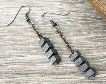 A pair of long hematite earrings, grey geometric semiprecious gemstone, minimalist jewellery, unusual dangle earrings,