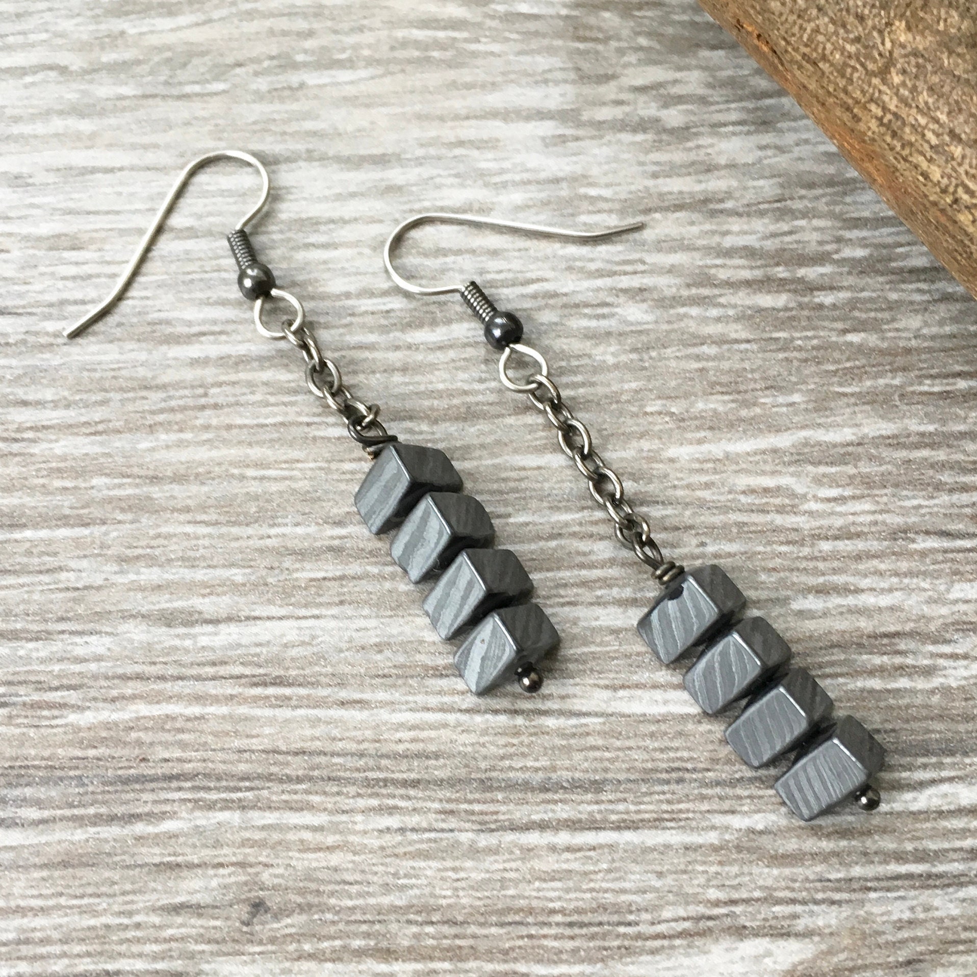 A pair of long hematite earrings, grey geometric semiprecious gemstone