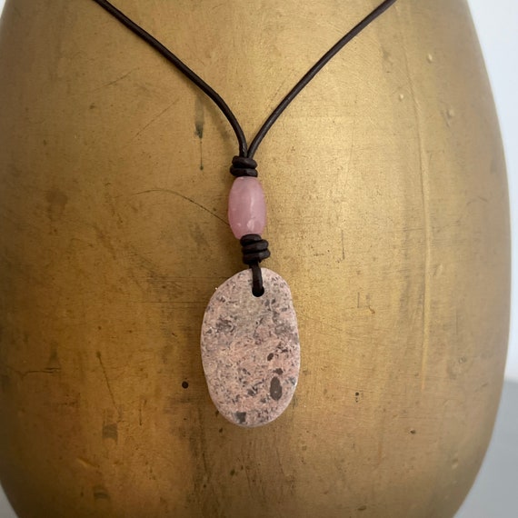 Pink beach pebble with a rose quartz bead natural no metal jewellery on an adjustable brown leather cord