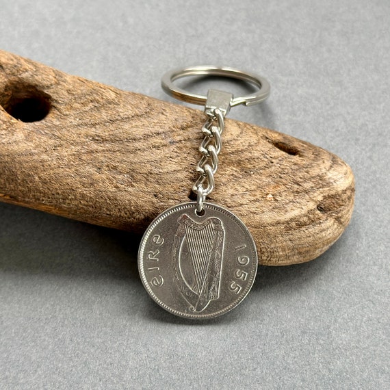 1955 Irish florin keychain, keyring, coin clip, for a perfect 69th birthday gift from ireland