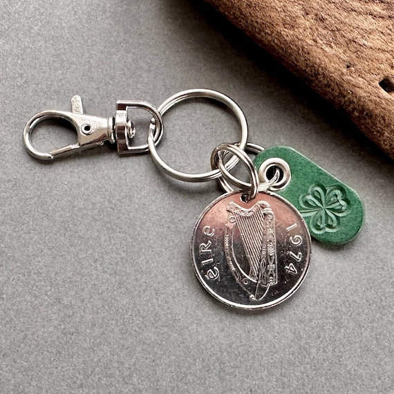 50th birthday gift, 1974 Irish ten pence coin and shamrock keychain, keyring or clip, handmade with a genuine coin from Ireland
