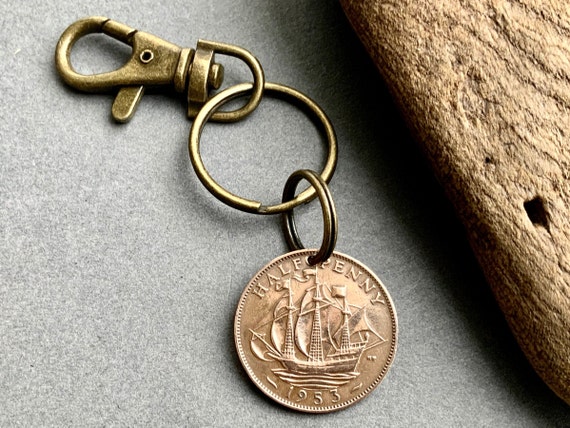 1953 British half penny keyring clip, golden hind, sailing boat, 71st  birthday gift, English ship coin