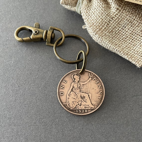 1928 British penny keyring clip a perfect 96th birthday gift, 1928 British coin