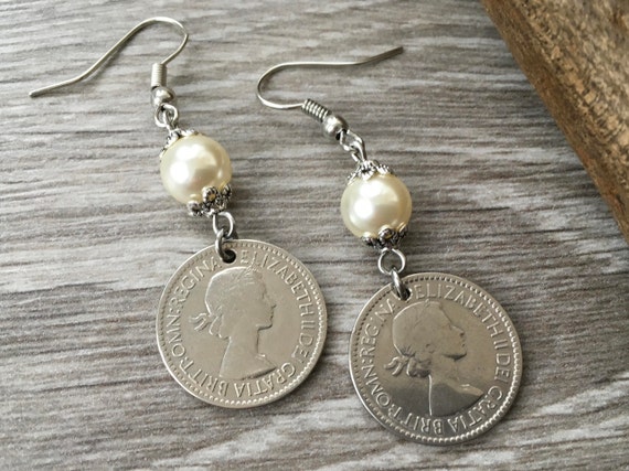 1953 British sixpence and pearl earrings, English coin Jewellery, 71st birthday gift or anniversary present for a woman