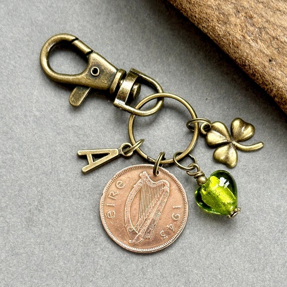 1943 half penny from Ireland with a green glass heart charm and initial of your choice, 81st birthday gift an Irish personalised gift