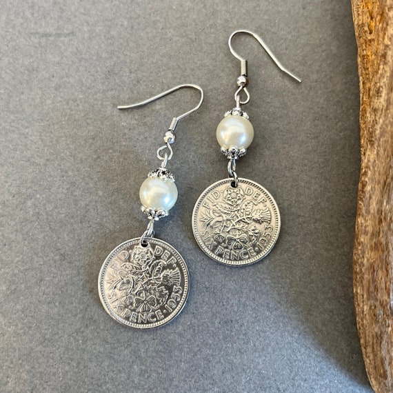 A pair of British sixpence and pearl earrings, English coin Jewellery, choose coin year