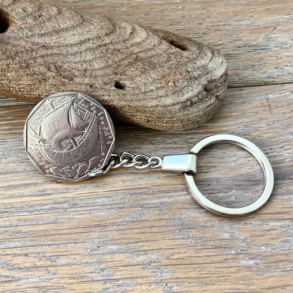 1986 Portuguese 50 escudos coin key ring, Portugal key chain, a great birthday or anniversary gift