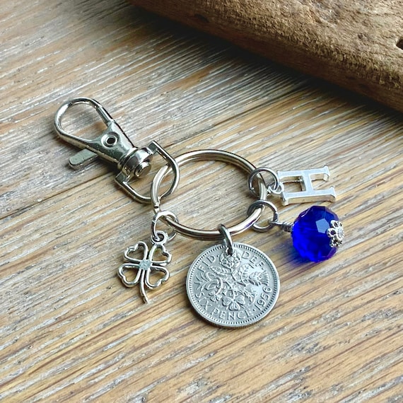 1956 sixpence birthstone charm bag clip, personalised gift, choose initial and birthstone colour, 68th birthday or anniversary gift